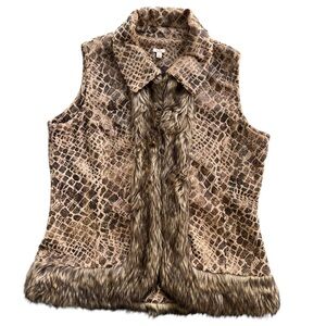 Reba Womens Sz Large Tan Brown Snake Skin Embossed Faux Fur Trim Sleeveless Vest